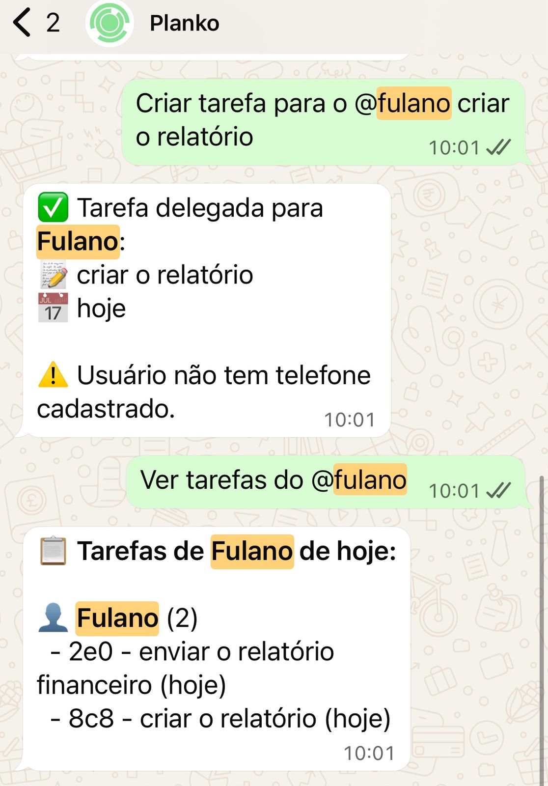 Equipe usando o Planko com tarefas compartilhadas e interação pelo WhatsApp