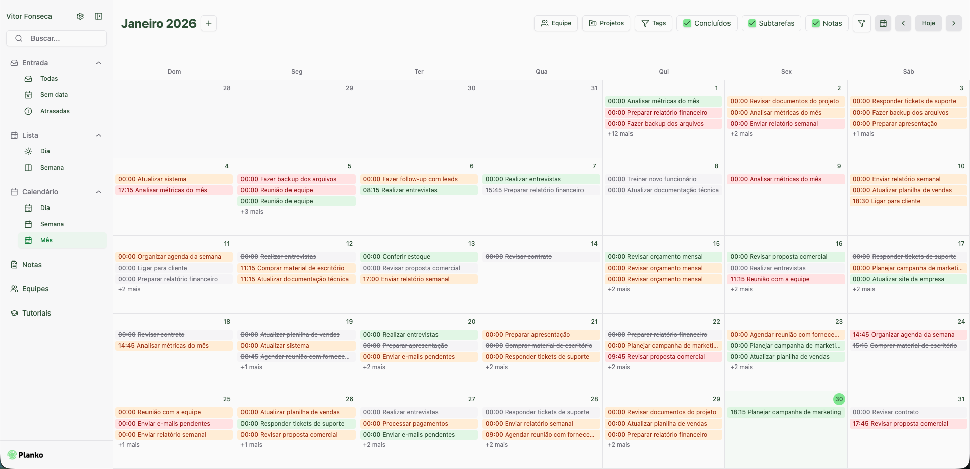 agenda prazos no Planko