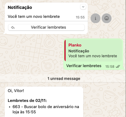 Lembrete de tarefa enviado pelo Planko no WhatsApp no horário definido pelo usuário