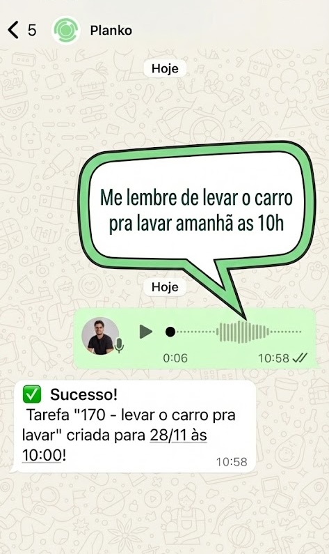 Assistente do Planko no WhatsApp aceitando comandos de voz para criar e organizar tarefas
